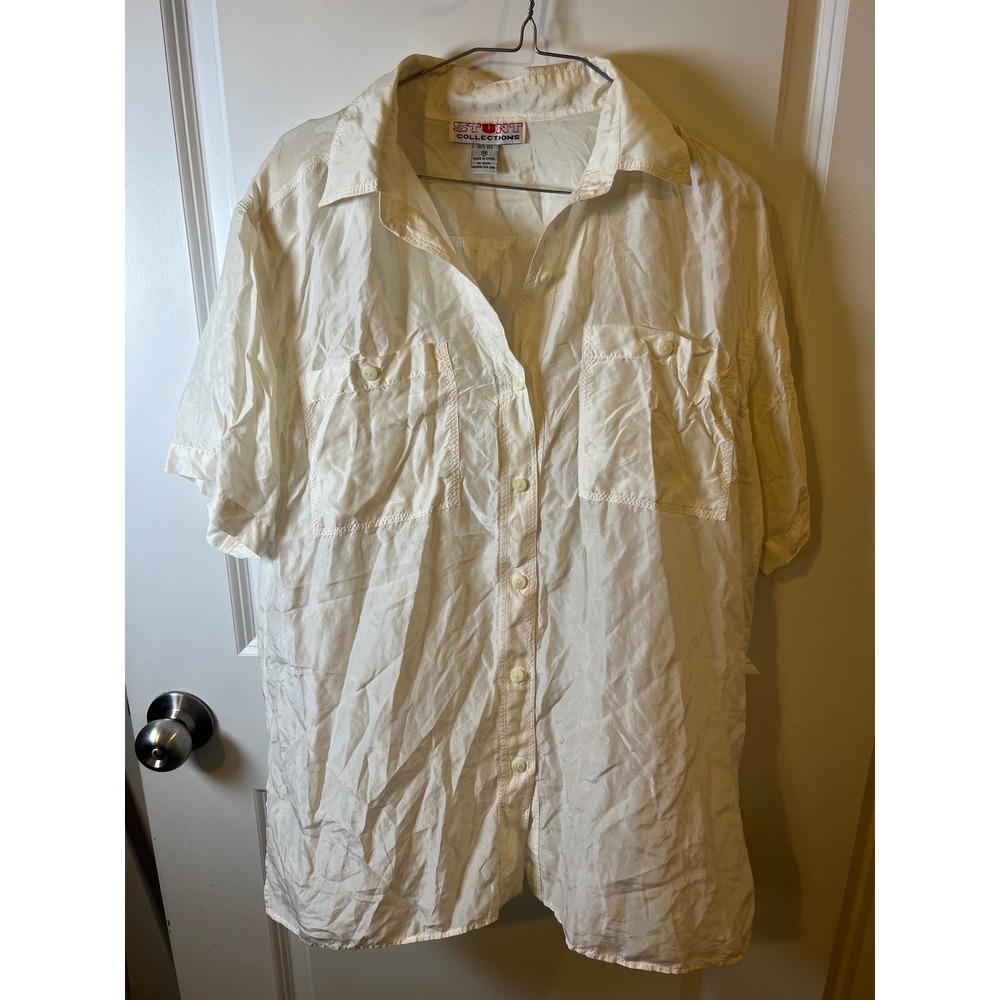 Stunt Collections Mens Button Up Shirt 100% Silk Off-White Size M